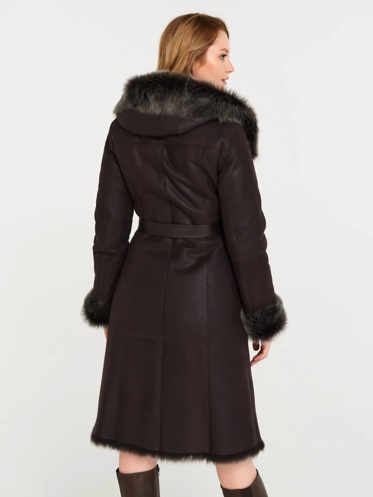 Женская длинная дубленка из тосканы с капюшоном 131, коричневая, размер 44, артикул 61161-5
