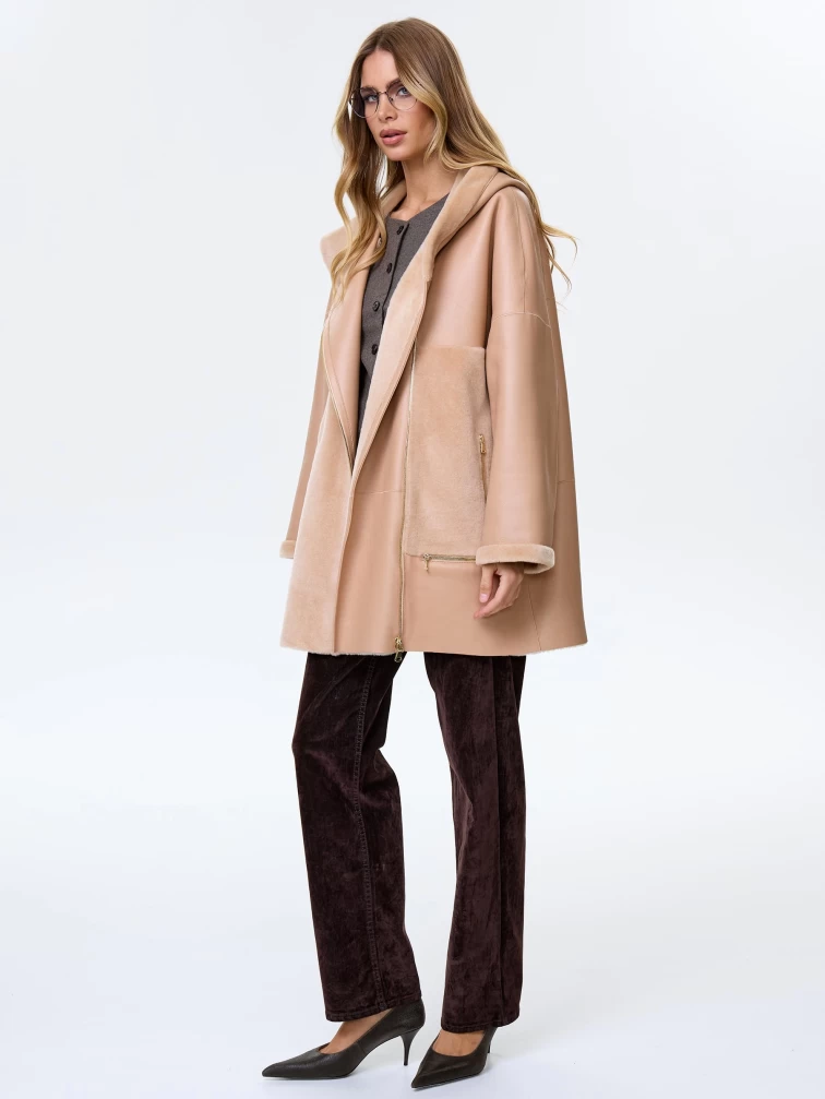 Молодежное полупальто из натуральной овчины для женщин с капюшоном премиум класса 2056, бежевое, размер 52, артикул 64350-5