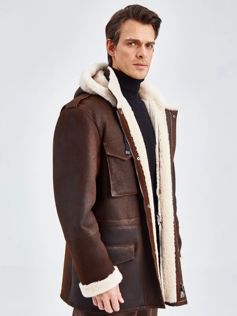 Дубленка мужская с капюшоном премиум класса 433, коричневая, размер 48, артикул 70750-1