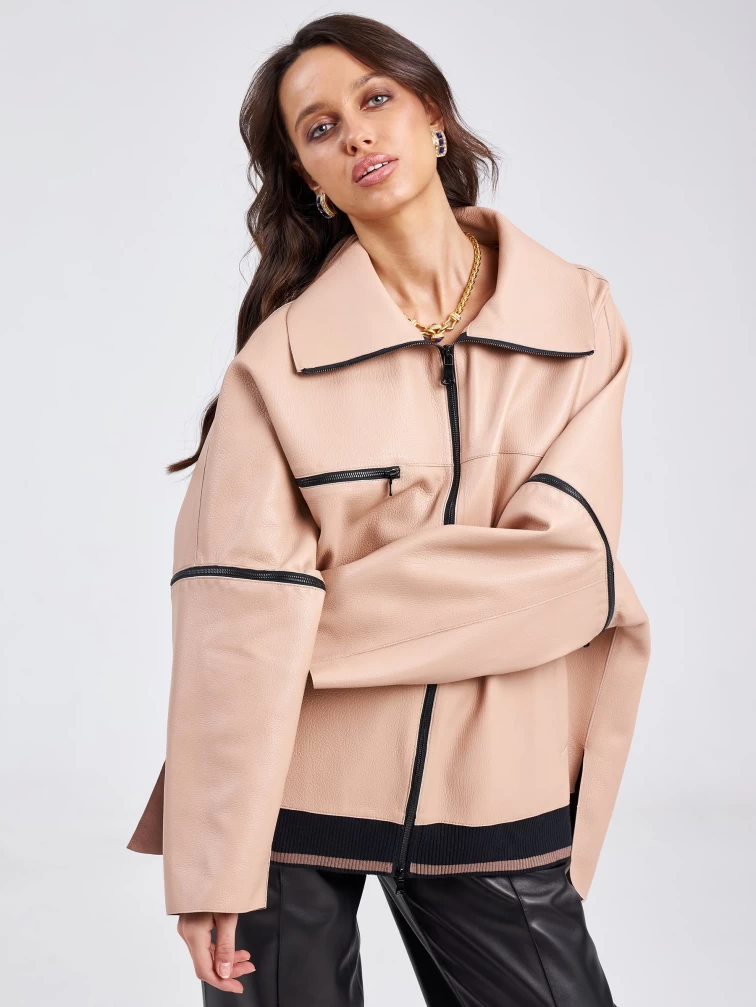 Кожаная женская куртка оверсайз на резинке премиум класса 3031, пудровая, размер 52, артикул 23200-4