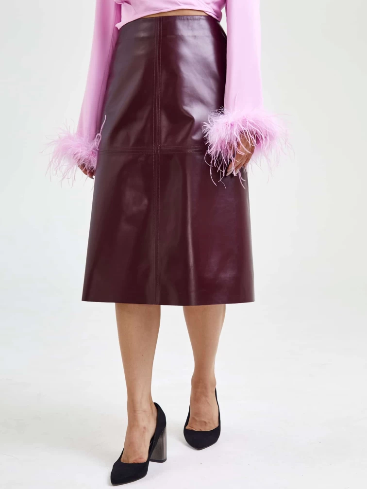 Кожаная юбка миди 09, бордовая, размер 44, артикул 85570-3