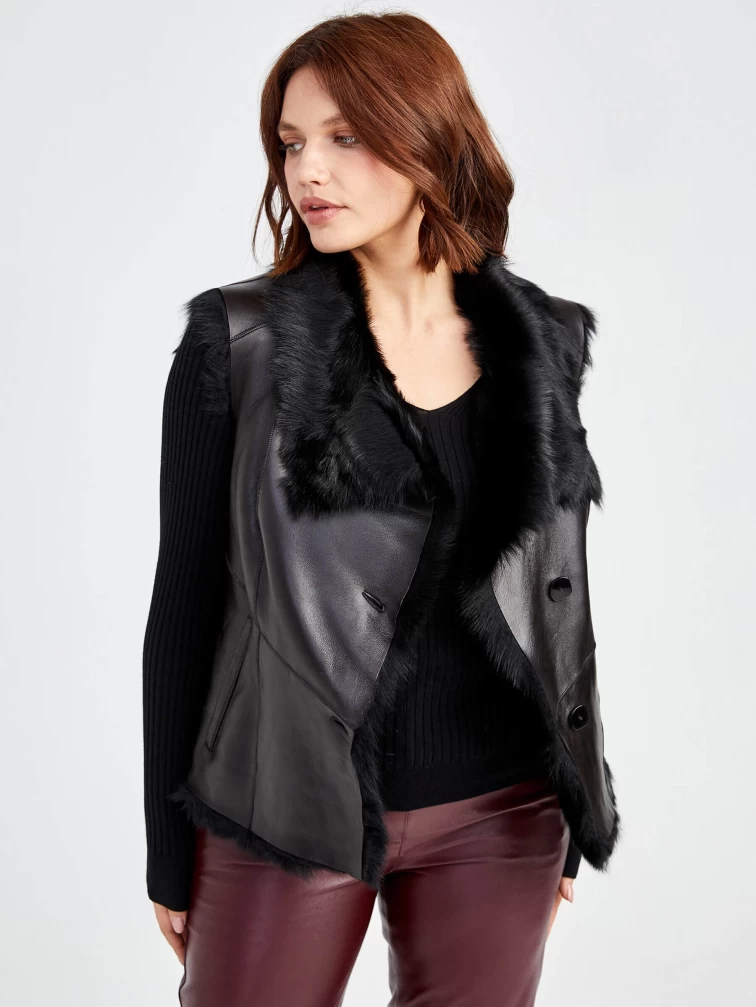 Демисезонный комплект женский: Меховой жилет 06 _1 + Брюки 02, черный/бордовый, р. 44, арт. 111350-4