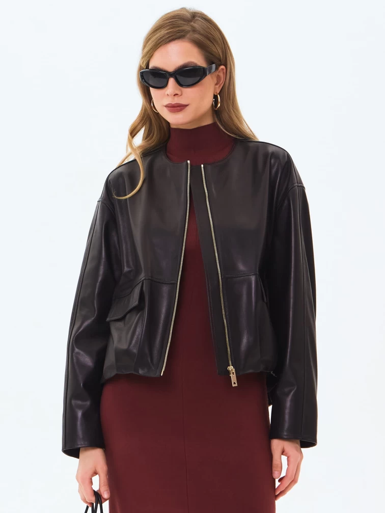 Кожаная куртка бомбер премиум класса для женщин 3094, черная, размер 46, артикул 24350-4