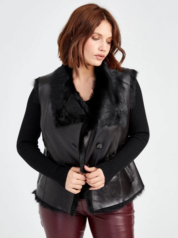 Демисезонный комплект женский: Меховой жилет 06 _1 + Брюки 02, черный/бордовый, р. 44, арт. 111350-5