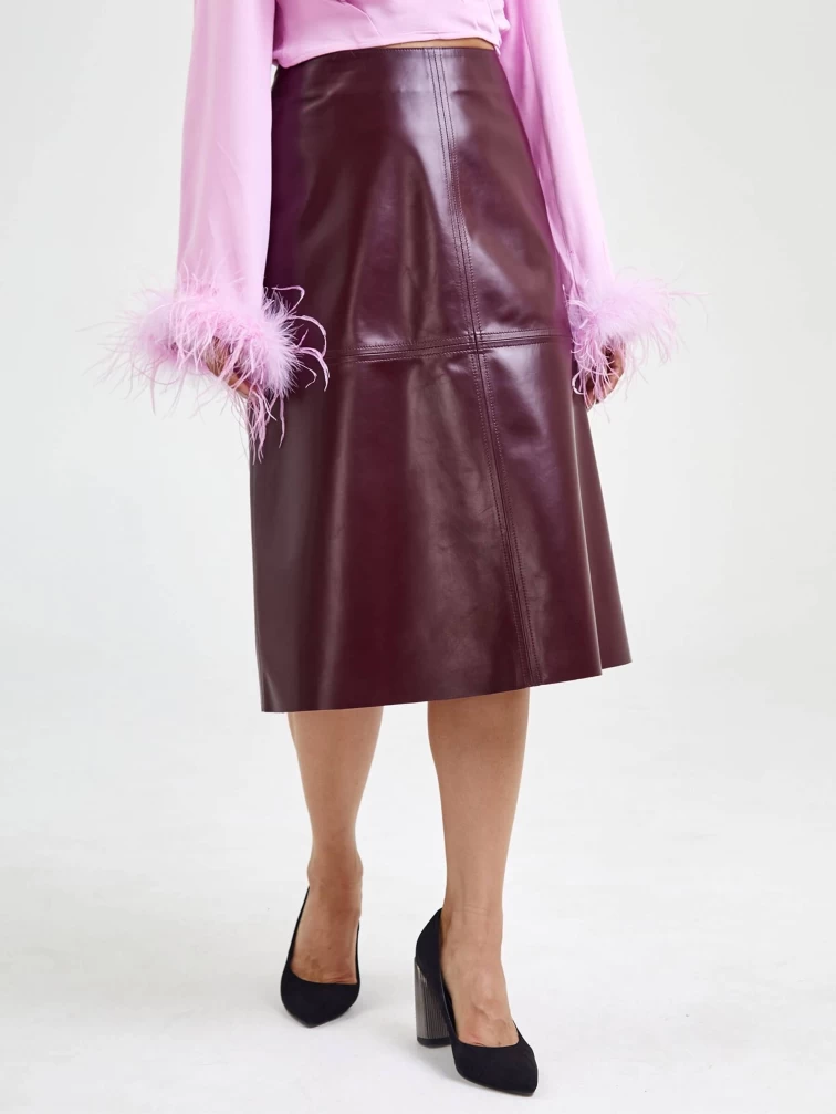 Кожаная юбка миди 09, бордовая, размер 44, артикул 85570-4