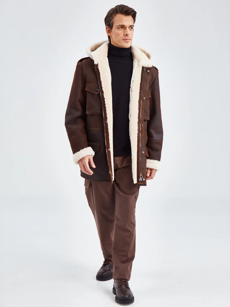 Дубленка мужская с капюшоном премиум класса 433, коричневая, размер 48, артикул 70750-4