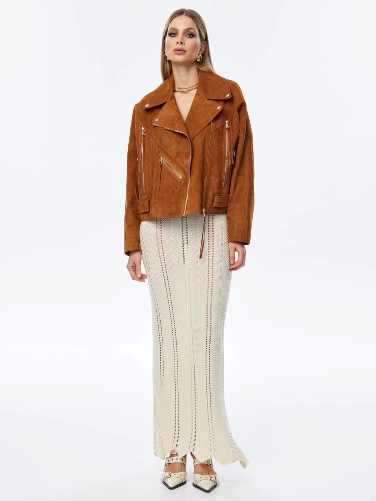 Короткая женская замшевая куртка косуха премиум класса 3051з, виски, размер 46, артикул 23920-1