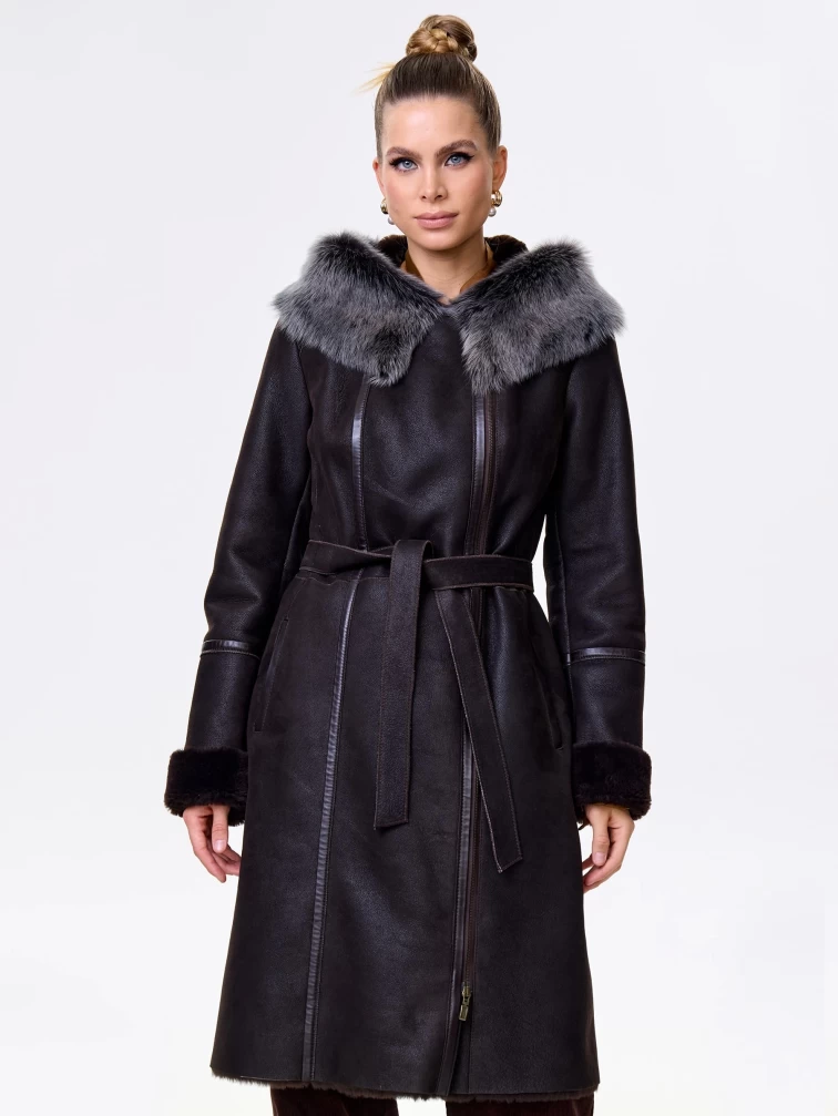 Женская дубленка с капюшоном из тосканы на молнии 265, коричневая, размер 42, артикул 61540-3