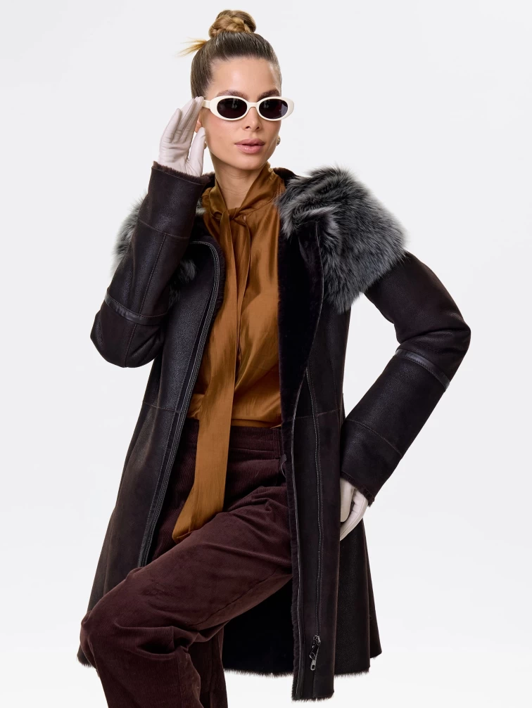 Женская дубленка косуха с капюшоном из тосканы 283, коричневая, размер 44, артикул 13492-5