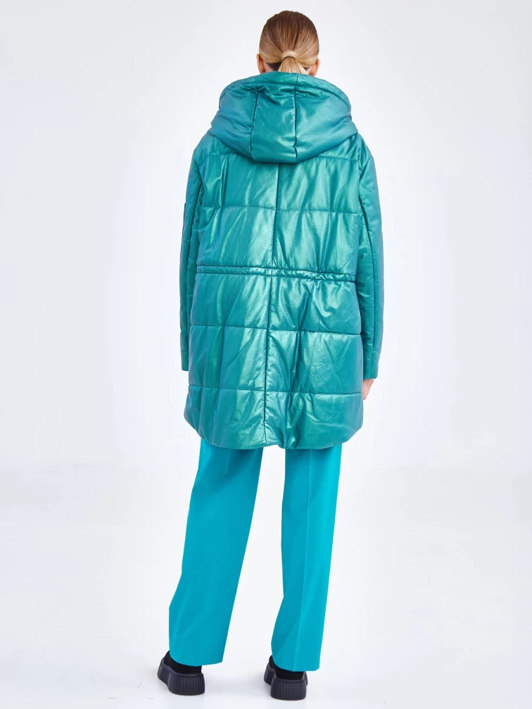Кожаный женский пуховик оверсайз с капюшоном премиум класса 3021, зеленый, размер 48, артикул 25320-6