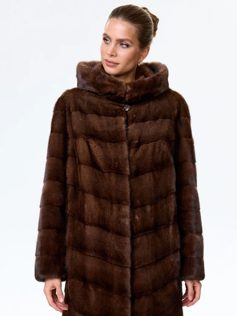 Полупальто с капюшоном из меха норки для женщин Галя(к), коричневое, размер 50, артикул 34090-0