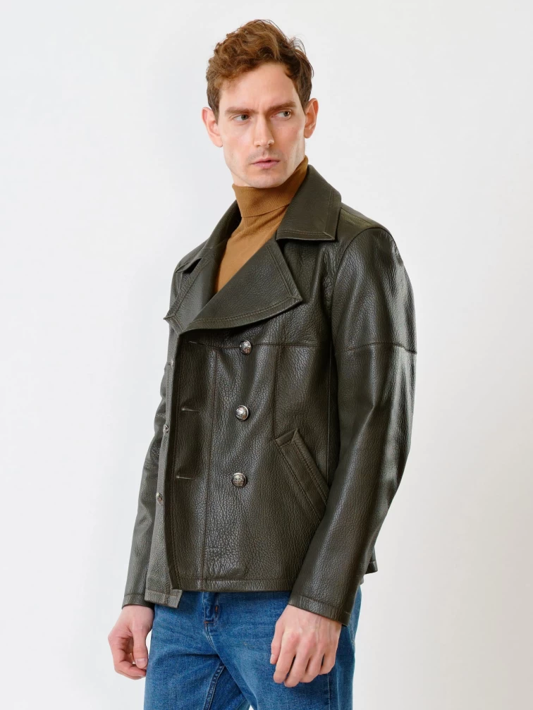 Двубортная мужская кожаная куртка Клуб, оливковая, размер 48, артикул 28390-4