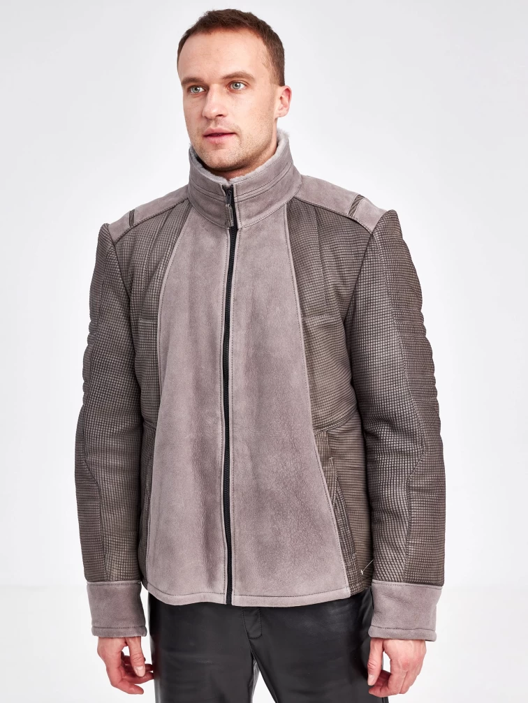 Комбинированная короткая мужская дубленка 40072, серая, короткая, размер 50, артикул 71240-3