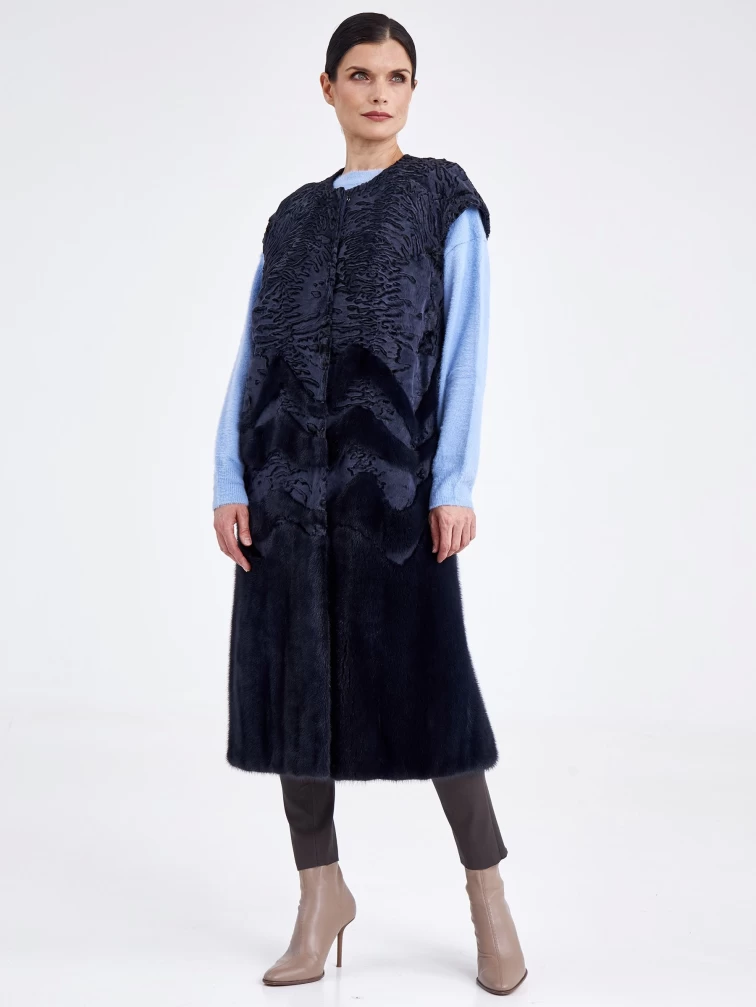 Жилет комбинированный из каракульчи с норкой для женщин ВВ, синий, размер 52, артикул 33200-6