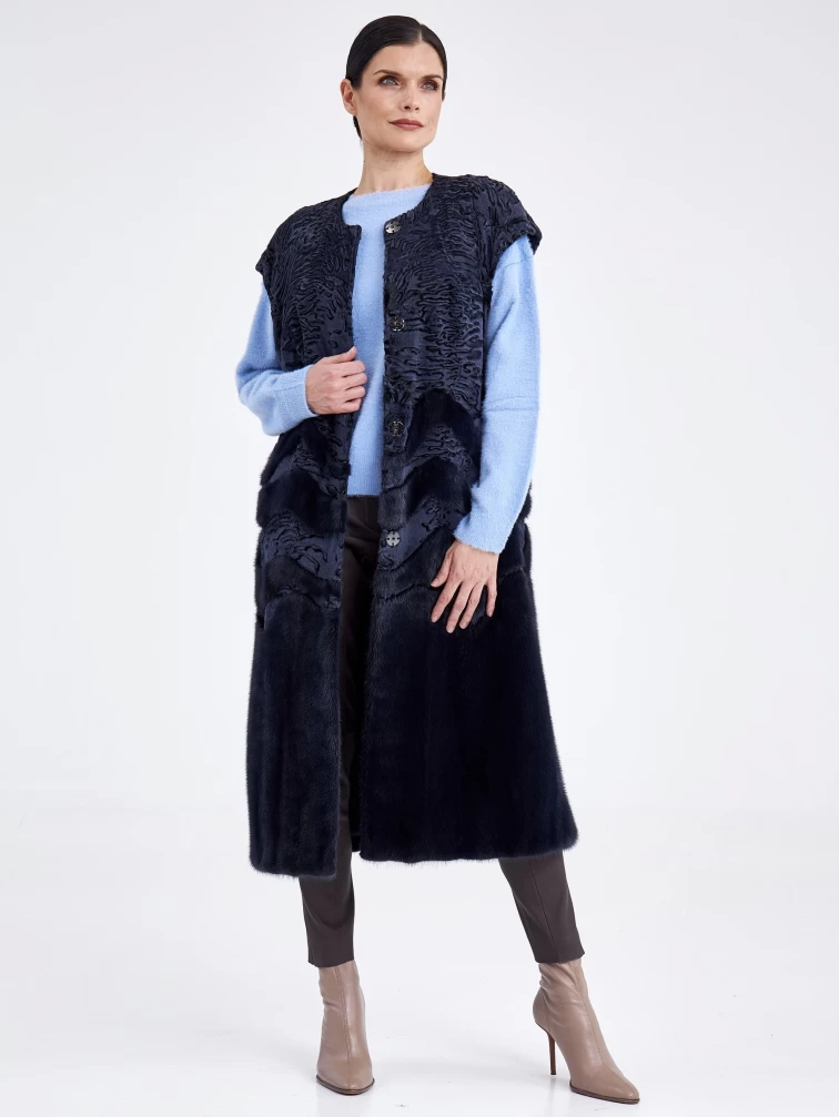 Жилет комбинированный из каракульчи с норкой для женщин ВВ, синий, размер 52, артикул 33200-5