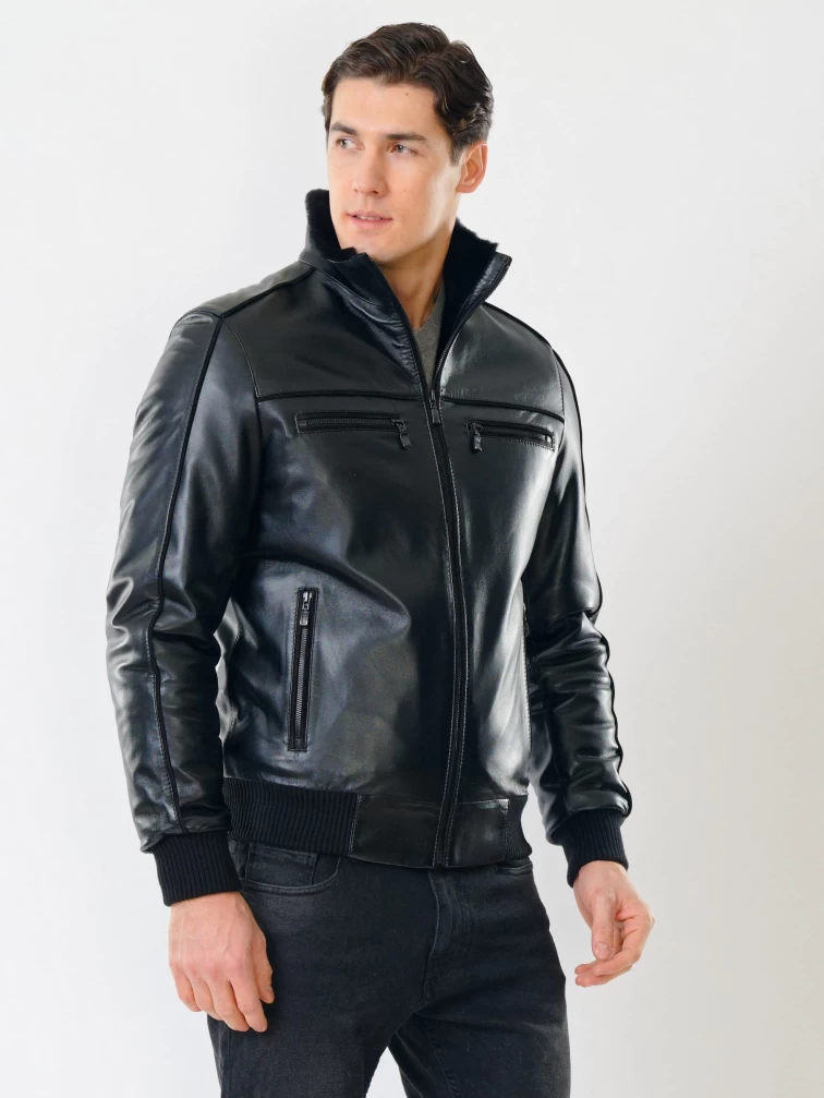 Мужская зимняя кожаная куртка на подстежке из овчины 515, черная, размер 50, артикул 40841-6