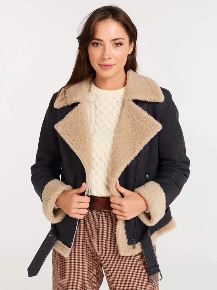 Короткая женская дубленка косуха из керли 201, синяя, размер 44, артикул 61272-1