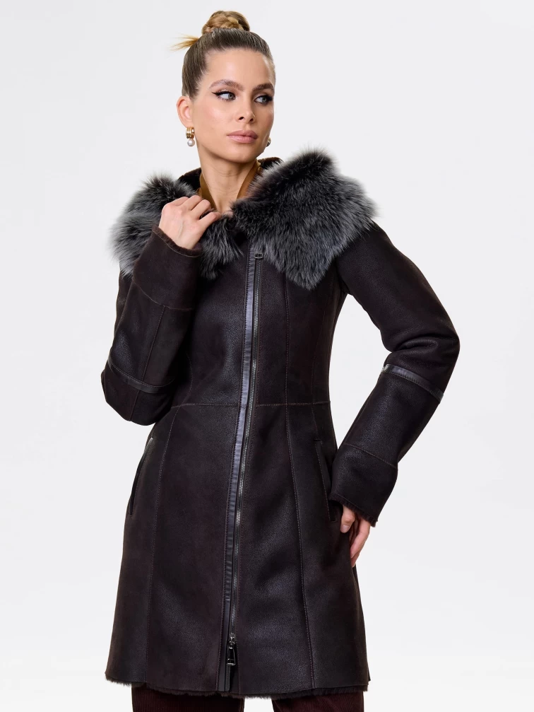 Женская дубленка косуха с капюшоном из тосканы 283, коричневая, размер 44, артикул 13492-0