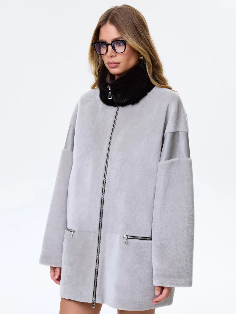 Дубленка на молнии с норковым воротником для женщин премиум класса 2057, серая, размер 44, артикул 64480-6