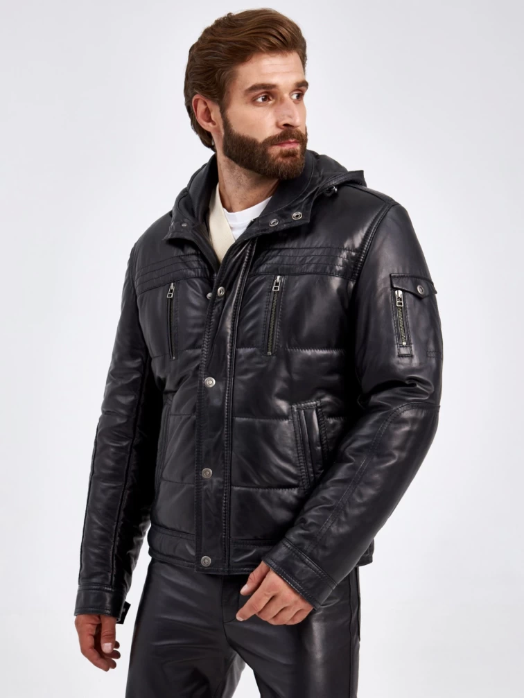 Утепленный мужской кожаный пуховик с капюшоном 2010-12, черный, размер 50, артикул 29150-6