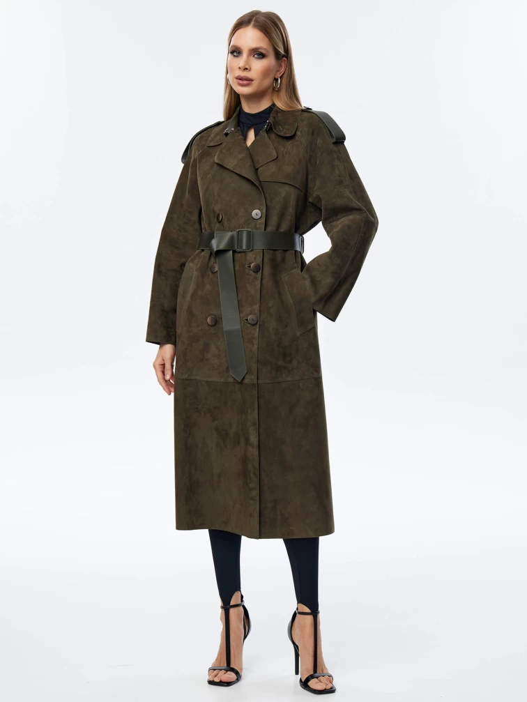 Длинный женский замшевый плащ френч оверсайз премиум класса 3070з, хаки, размер 44, артикул 23860-4