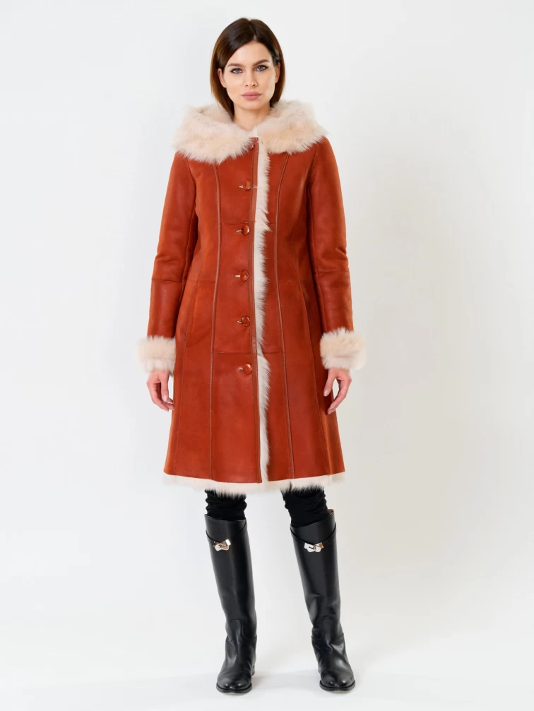 Длинная женская дубленка из тосканы с капюшоном 123нк, виски, размер 40, артикул 62092-5