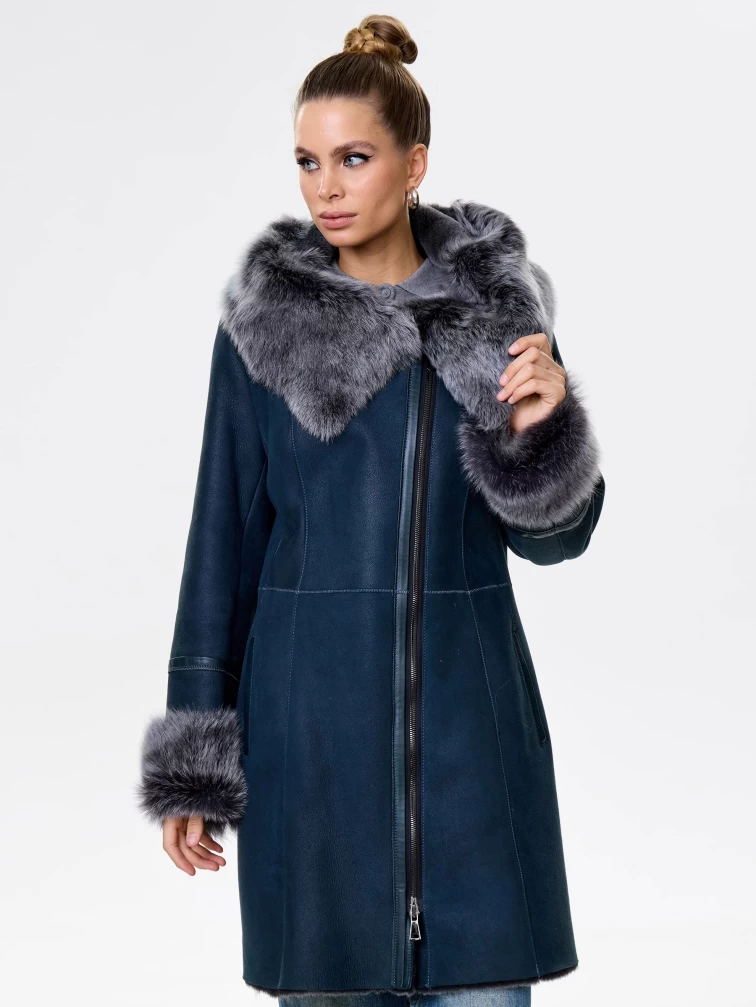 Женская дубленка косуха с капюшоном из тосканы 283, синяя, размер 52, артикул 61562-7