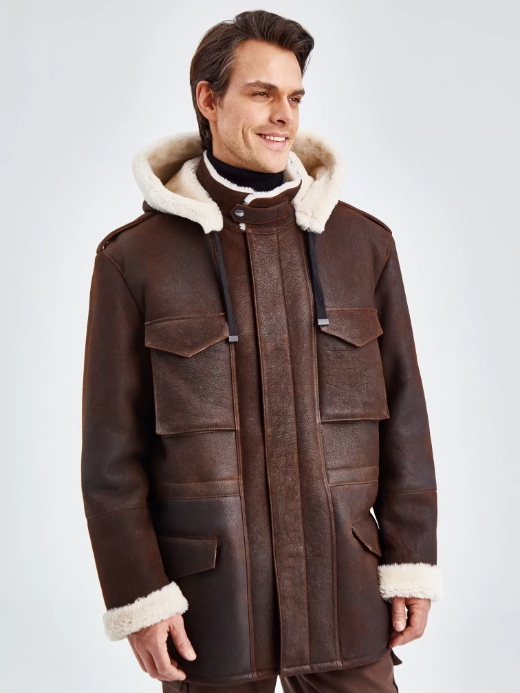 Дубленка мужская с капюшоном премиум класса 433, коричневая, размер 48, артикул 70750-3