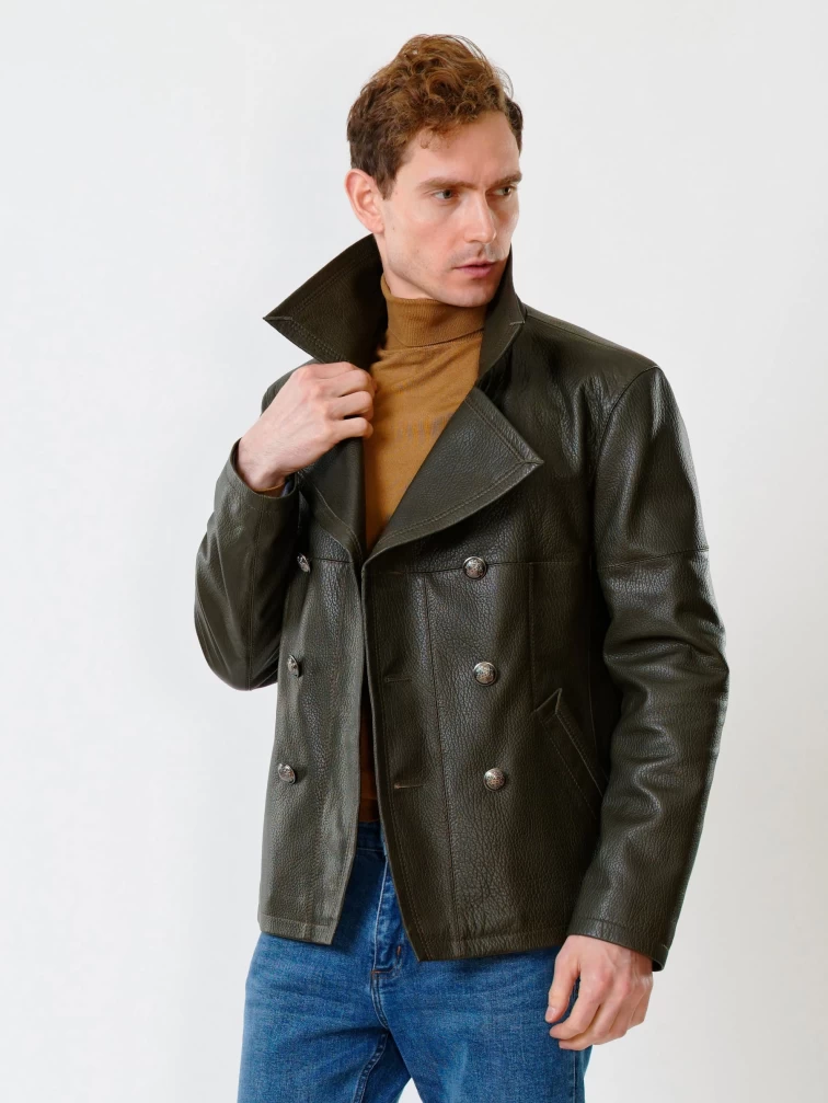 Двубортная мужская кожаная куртка Клуб, оливковая, размер 48, артикул 28390-5