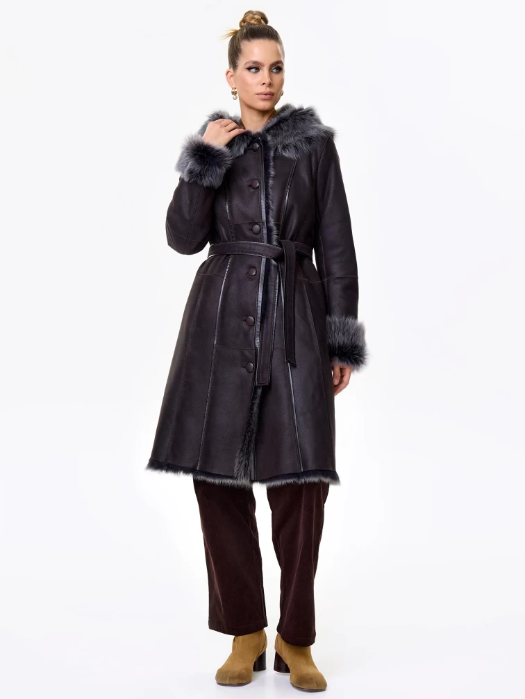 Длинная женская дубленка из тосканы с капюшоном 123нк, коричневая, размер 56, артикул 61483-7