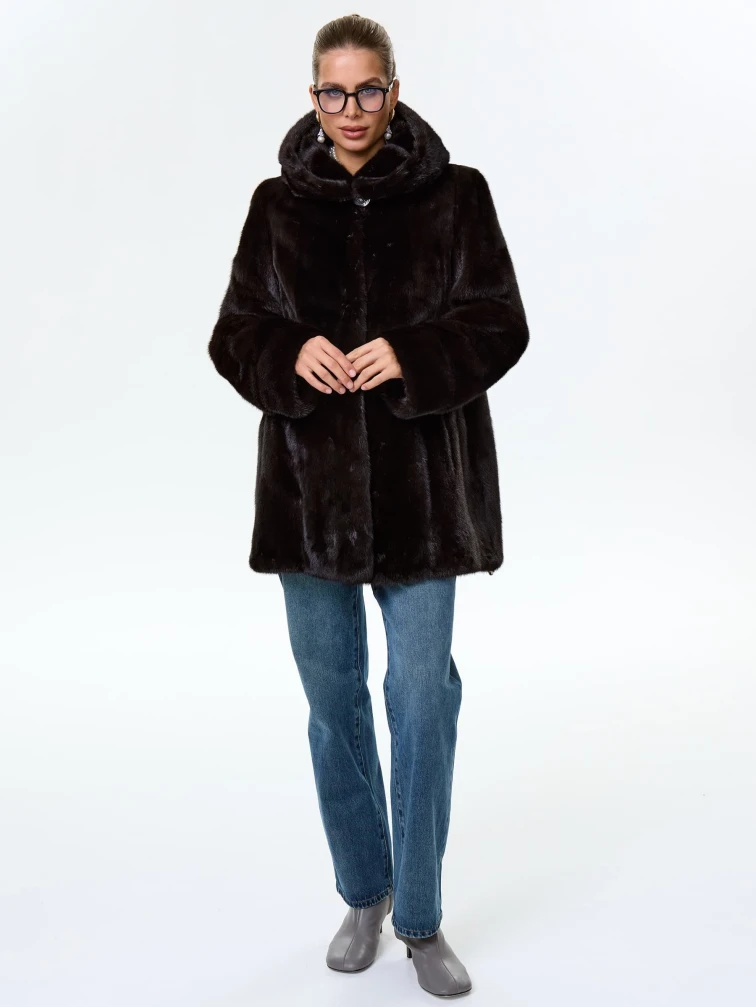 Короткая женская норковая шуба автоледи с капюшоном Елена(к), черная, размер 52, артикул 64540-1