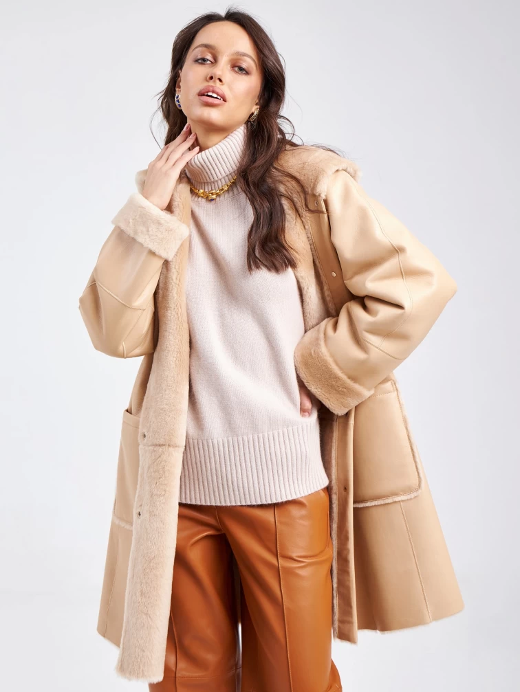 Женское классическое пальто с капюшоном из натуральной овчины премиум класса 2004, бежевое, размер 54, артикул 63810-2