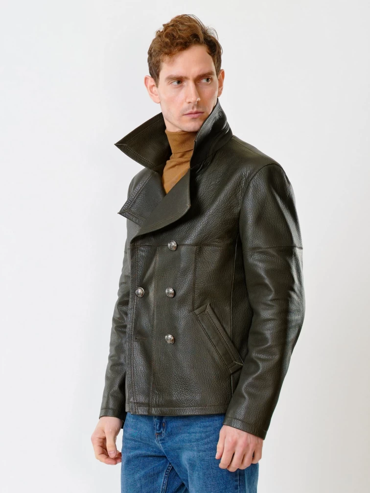 Двубортная мужская кожаная куртка Клуб, оливковая, размер 48, артикул 28390-1