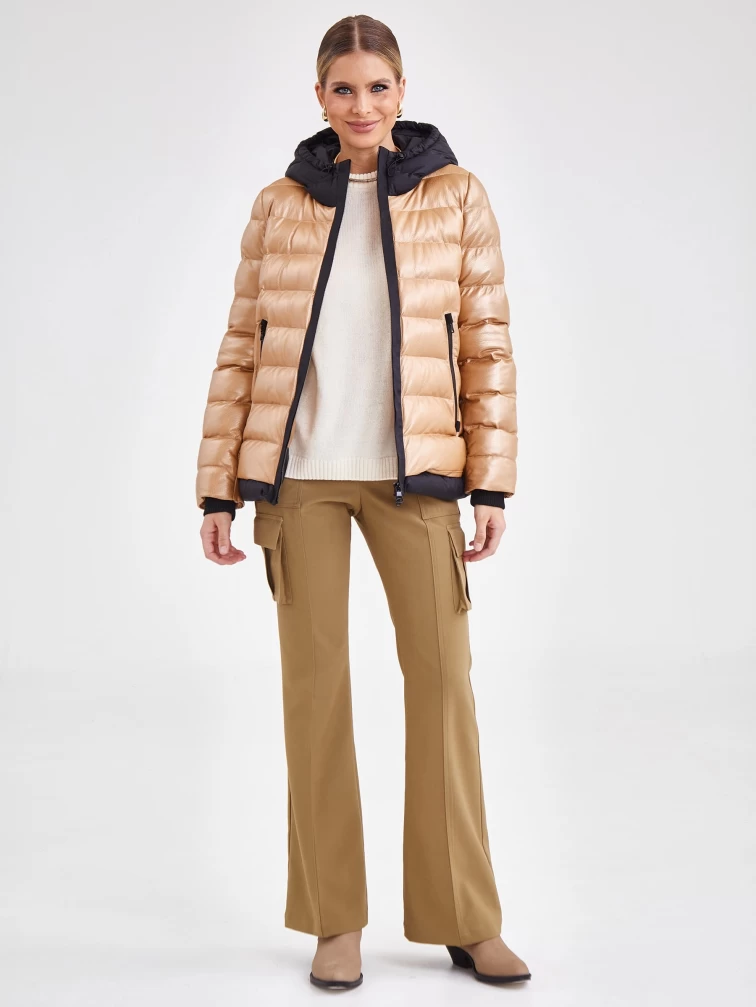 Короткий женский кожаный пуховик с капюшоном премиум класса 3028, бежевый, размер 44, артикул 25370-5