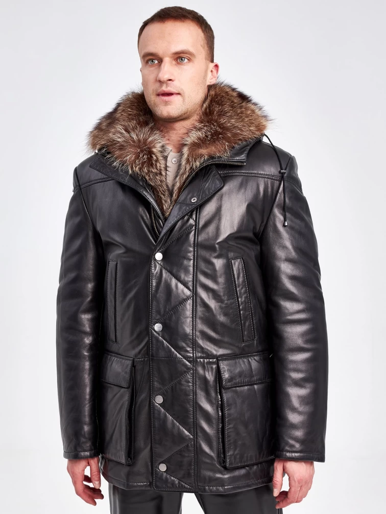 Кожаная утепленная куртка аляска с капюшоном и мехом енота для мужчин 5471, черная, размер 48, артикул 40980-0