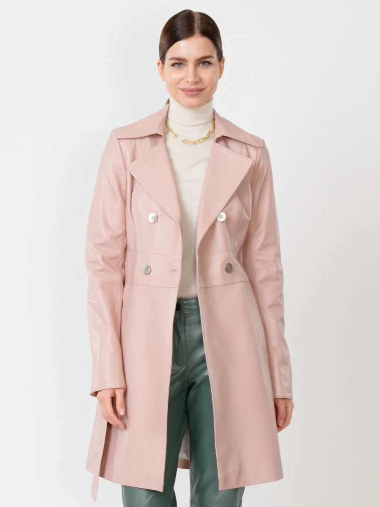 Кожаный двубортный женский плащ с поясом 338, пудровый, размер 44, артикул 90971-0