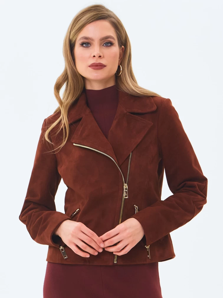 Короткая женская замшевая куртка косуха премиум класса 3095з, табачная, размер 46, артикул 24450-3