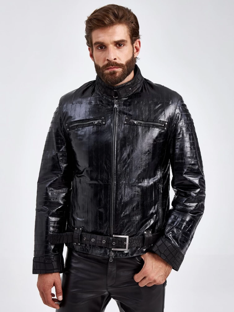 Зимняя мужская куртка из кожи морского угря на подкладке из овчины тиградо ZE/F-7785, черная, размер 46, артикул 29490-1