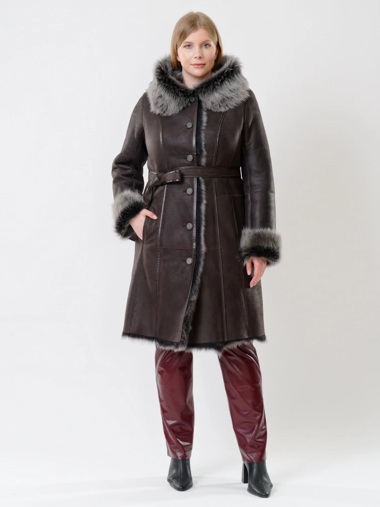 Длинная женская дубленка из тосканы с капюшоном 123нк, коричневая, размер 56, артикул 62082-4
