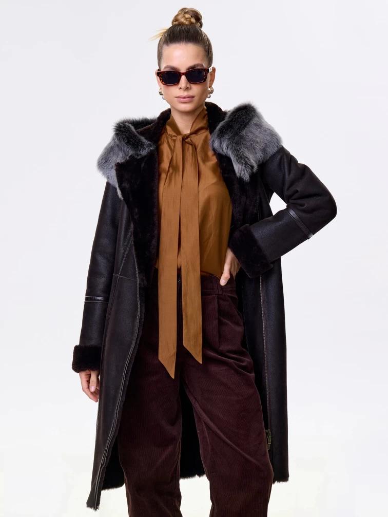 Женская дубленка с капюшоном из тосканы на молнии 265, коричневая, размер 42, артикул 61540-0