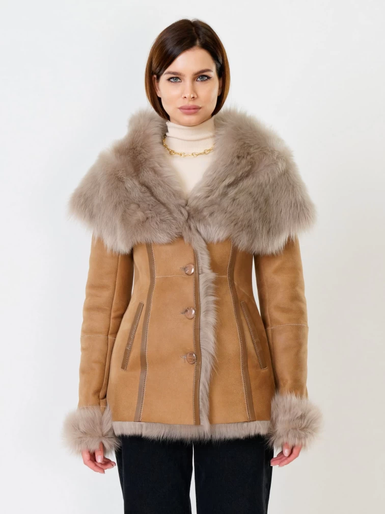 Короткая женская дубленка из тосканы с капюшоном 122, бежевая, размер 40, артикул 61842-0