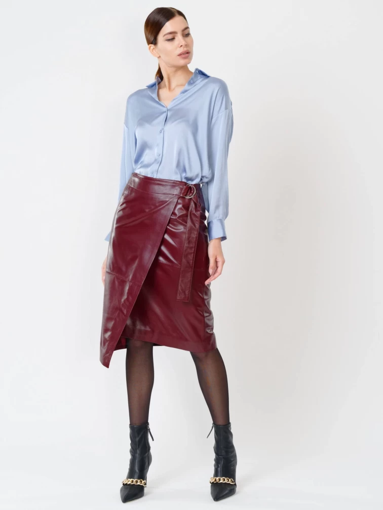 Бордовая кожаная юбка миди 07, размер 42, артикул 85420-0