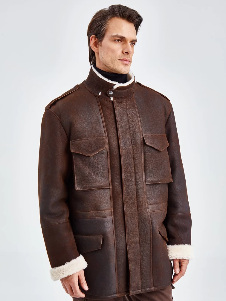 Дубленка мужская с капюшоном премиум класса 433, коричневая, размер 48, артикул 70750-0