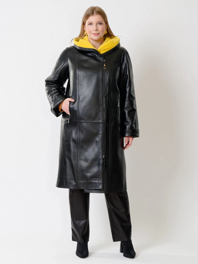 Кожаный утепленный женский плащ с капюшоном 3011, черный, размер 50, артикул 91490-1