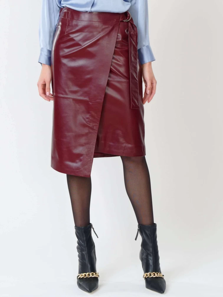 Бордовая кожаная юбка миди 07, размер 42, артикул 85420-4