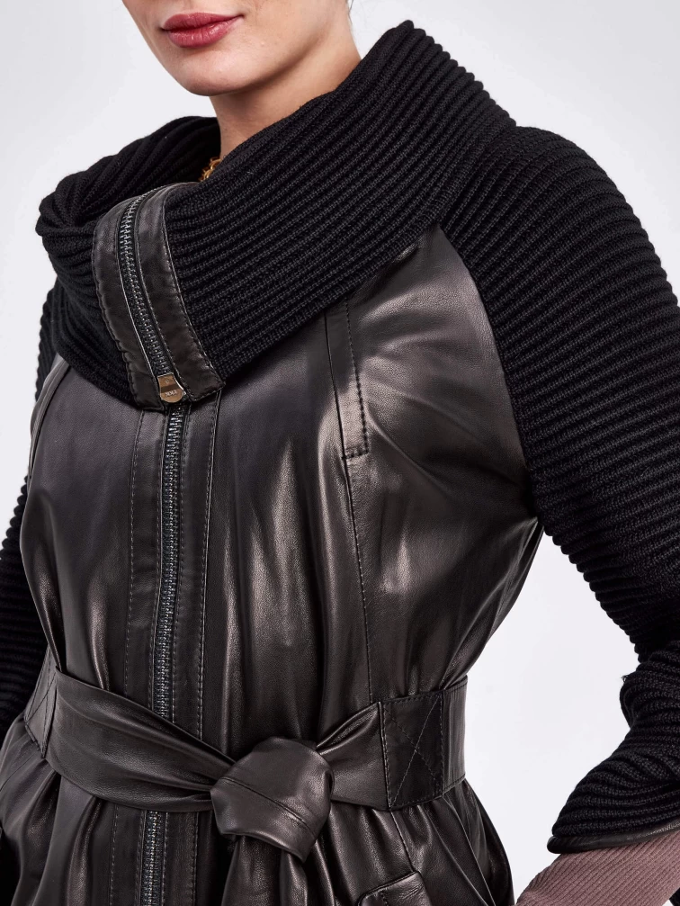 Кожаный плащ женский 396, с трикотажными рукавами, черный, размер 46, артикул 91740-4