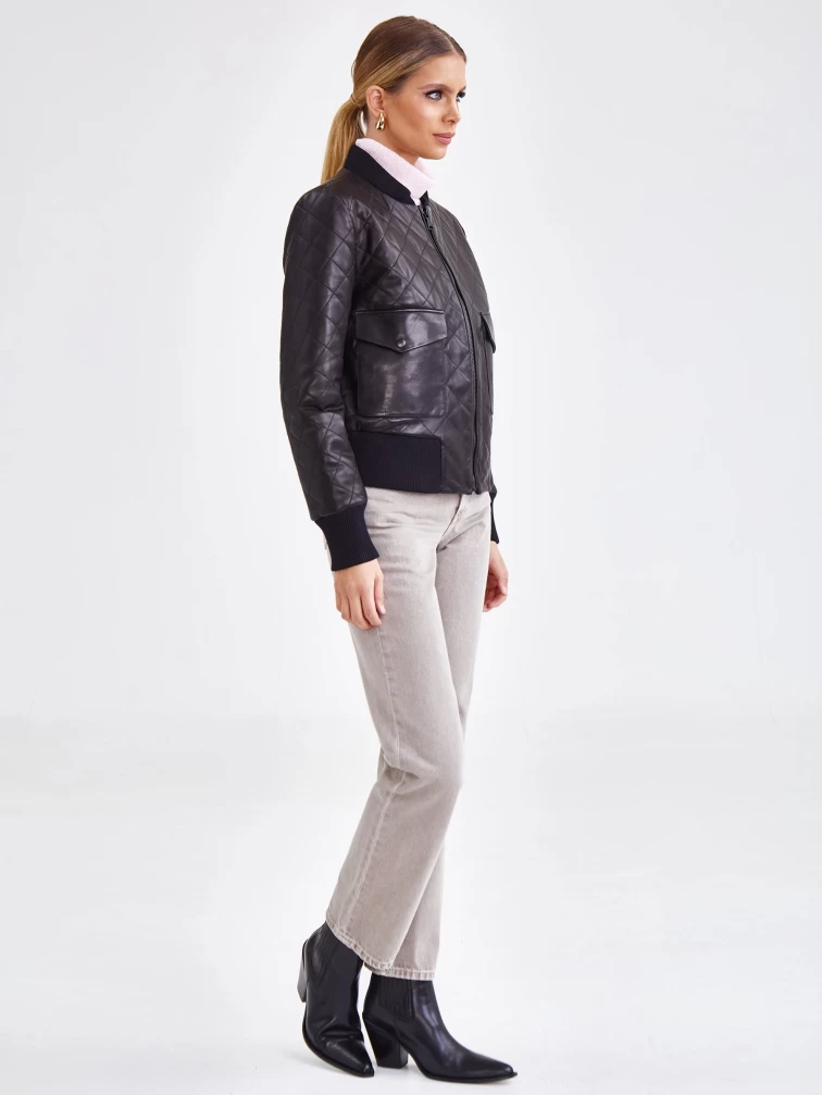 Кожаный стеганый женский бомбер премиум класса 3042, черный, размер 50, артикул 23251-5