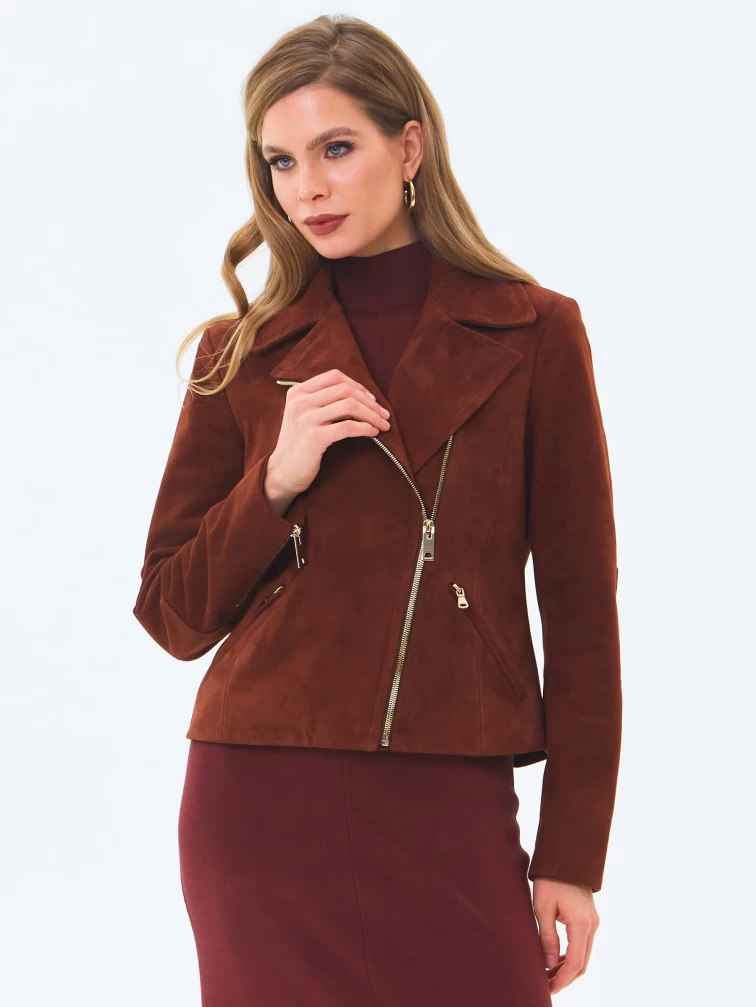 Короткая женская замшевая куртка косуха премиум класса 3095з, табачная, размер 46, артикул 24450-6