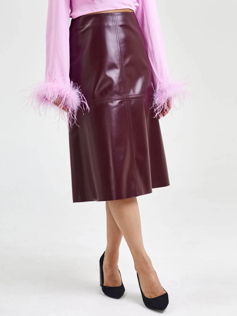 Кожаная юбка миди 09, бордовая, размер 44, артикул 85570-1