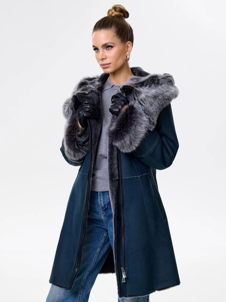 Женская дубленка косуха с капюшоном из тосканы 283, синяя, размер 52, артикул 61562-4